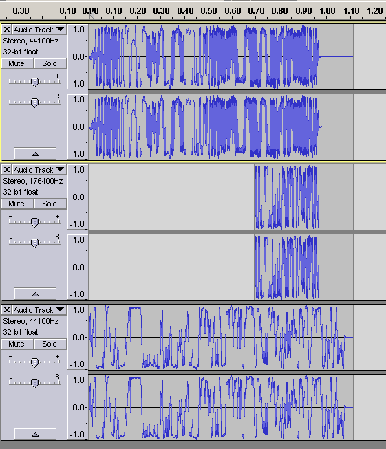 View of the Handshake, microphone static at four times the speed, and the microphone static normally. Note the higher frequency near the end of the microphone static.
