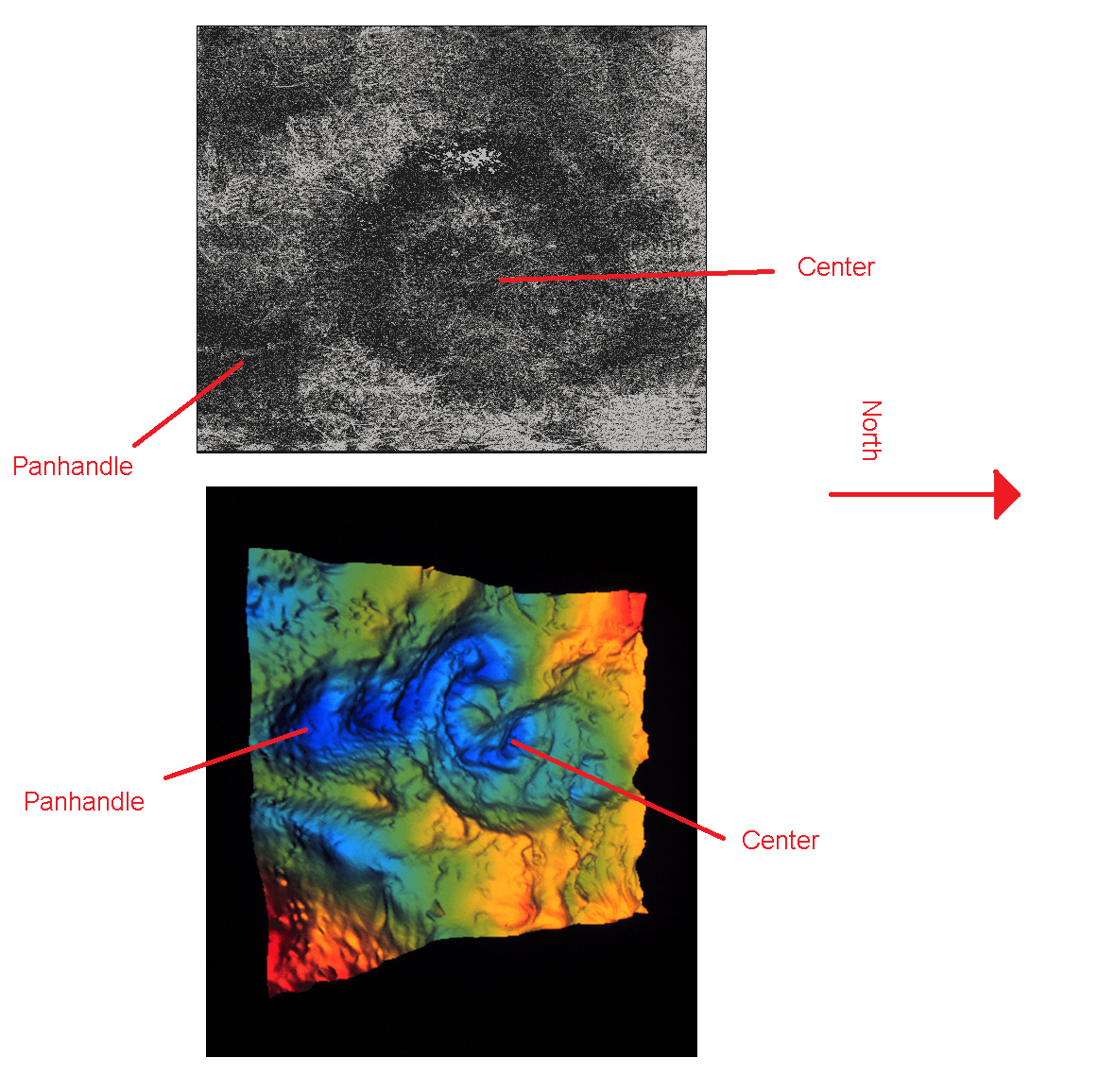 The composite compared to the gravity map of the crater, where right is facing north.